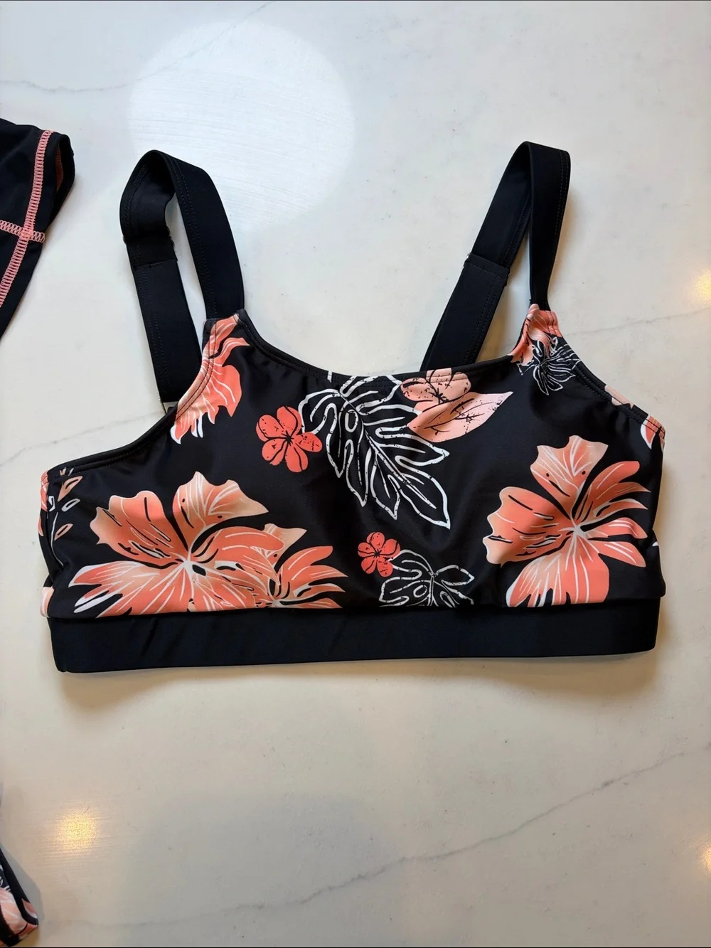 3-Piece Floral Swim Set - Black with Coral Floral